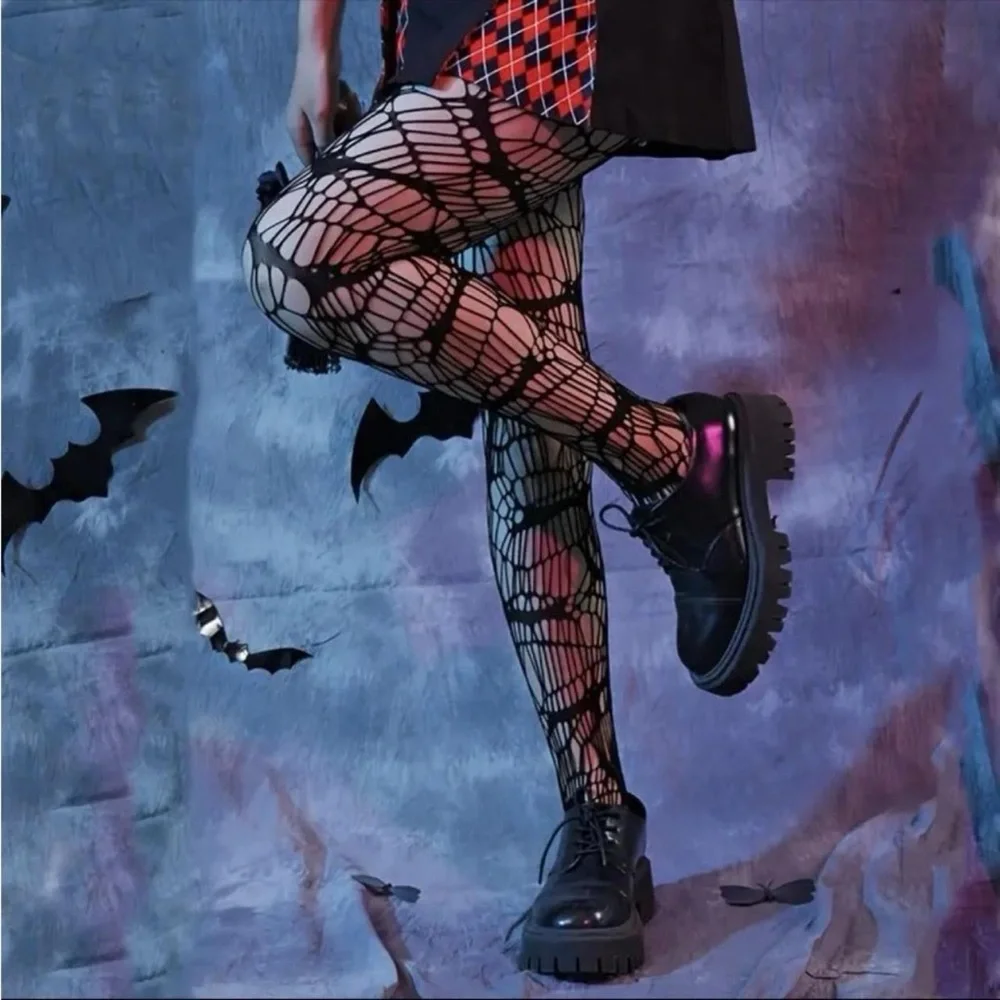 Black‎ Bat Patterned Fishnet Tights, High Waist Footed Pantyhose One Size